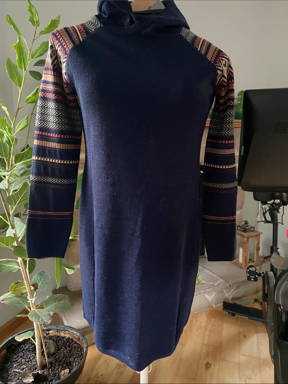 Title nine Navy Hooded Sweater Dress with Patterned Sleeve Accents